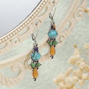 1pair Vintage Fashionable Symmetrically Inlaid Turquoise & Colorful Stones